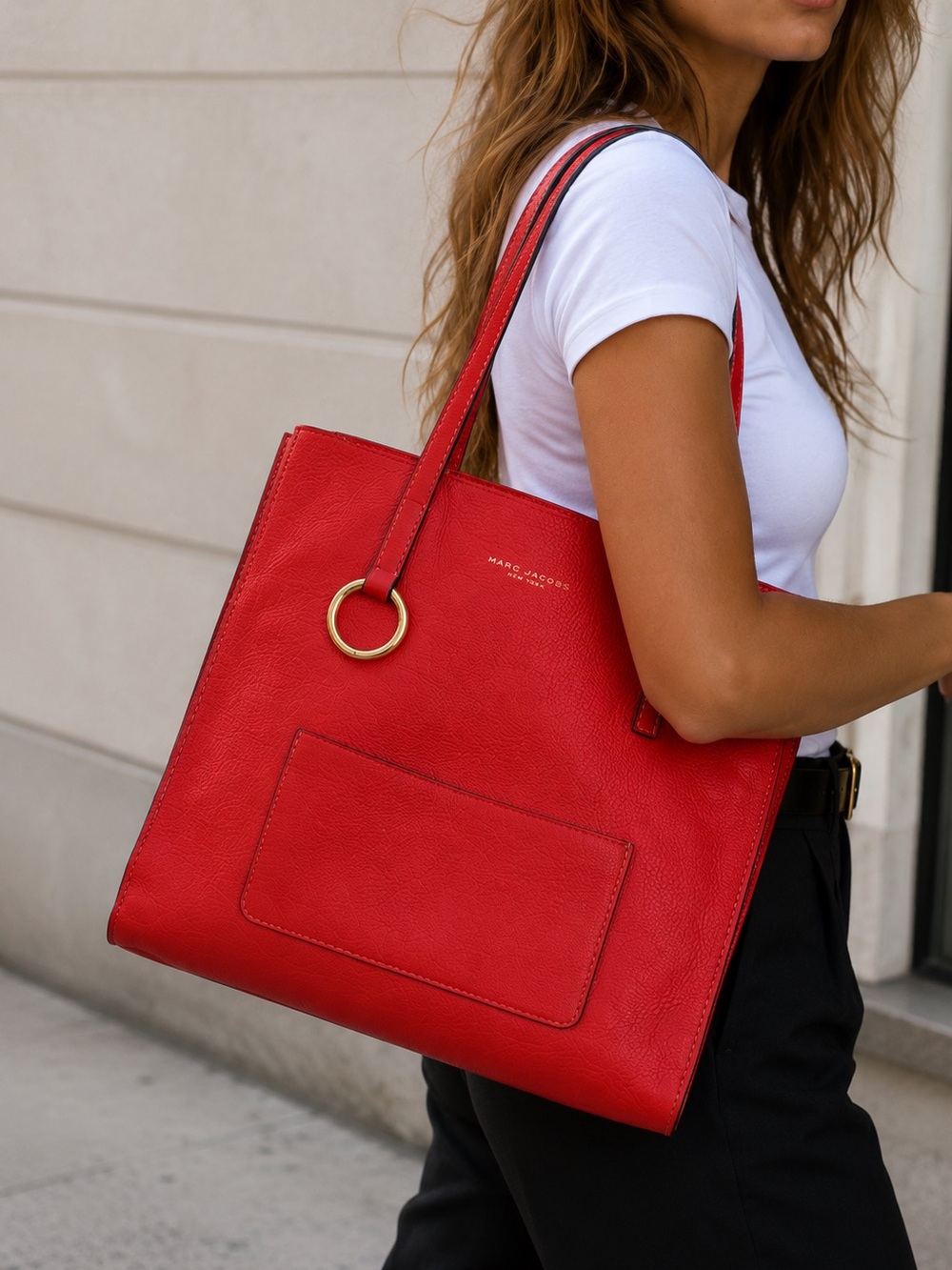 Marc Jacobs Bold Grind Red Pebbled Leather Tote Bag Gold Hardware Large Shopper